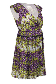 Current Boutique-McGinn - Purple & Green Floral Pleated Silky Wrap Dress Sz 2