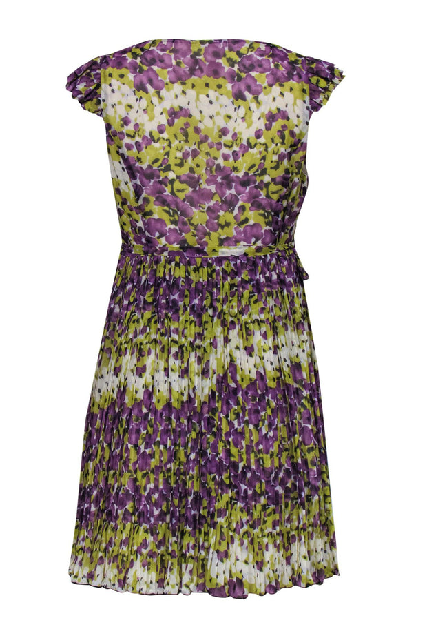 Current Boutique-McGinn - Purple & Green Floral Pleated Silky Wrap Dress Sz 2