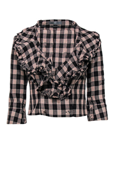 Current Boutique-McQ Alexander McQueen - Pink & Black Plaid Double Breasted Button-Up Blouse w/ Ruffles Sz 4