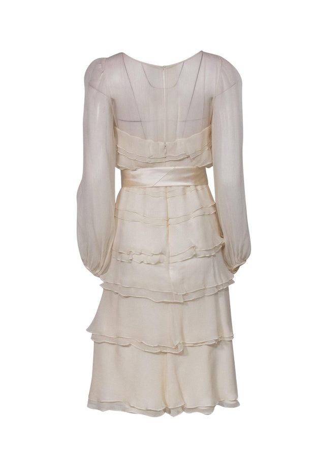 Current Boutique-Melinda Eng - Cream Ruffle Silk Midi Dress w/ Satin Belt Sz 10