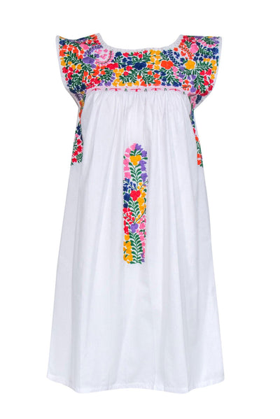 Current Boutique-Mi Golondrina - White Cotton Shift Dress w/ Hand-Embroidered Flowers Sz S