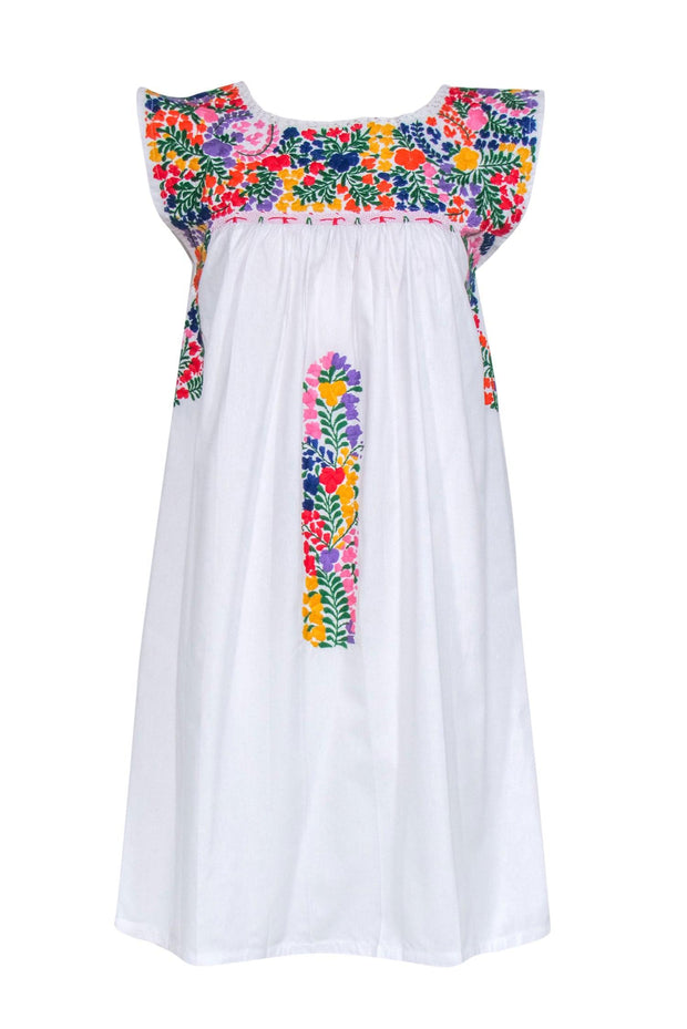 Current Boutique-Mi Golondrina - White Cotton Shift Dress w/ Hand-Embroidered Flowers Sz S