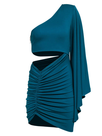 Current Boutique-Michael Costello x Revolve - Teal Bodycon One-Shoulder Cut-Out Dress Sz S