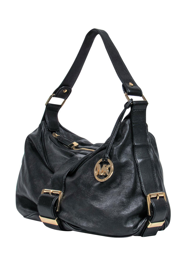 Michael Kors Black Leather Gold Charm Swag Mott Shoulder Bag Purse $298