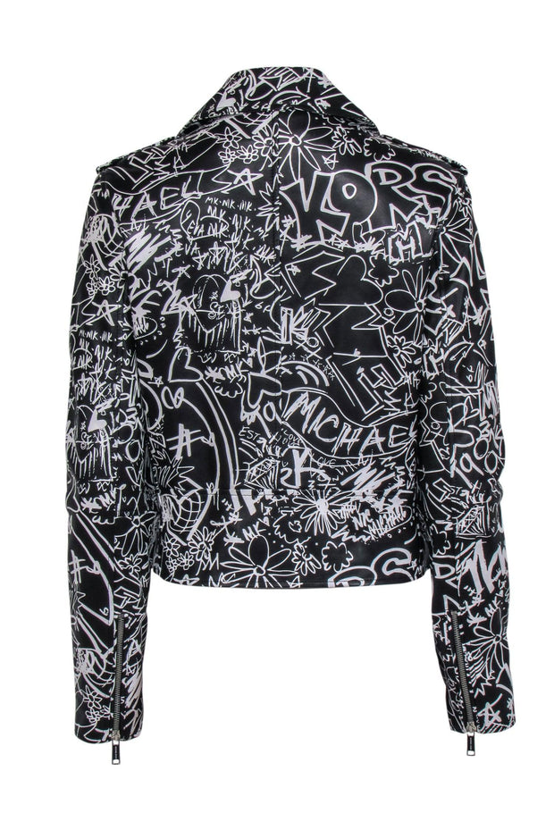 Current Boutique-Michael Kors - Black & White Graffiti Leather Moto Jacket Sz M
