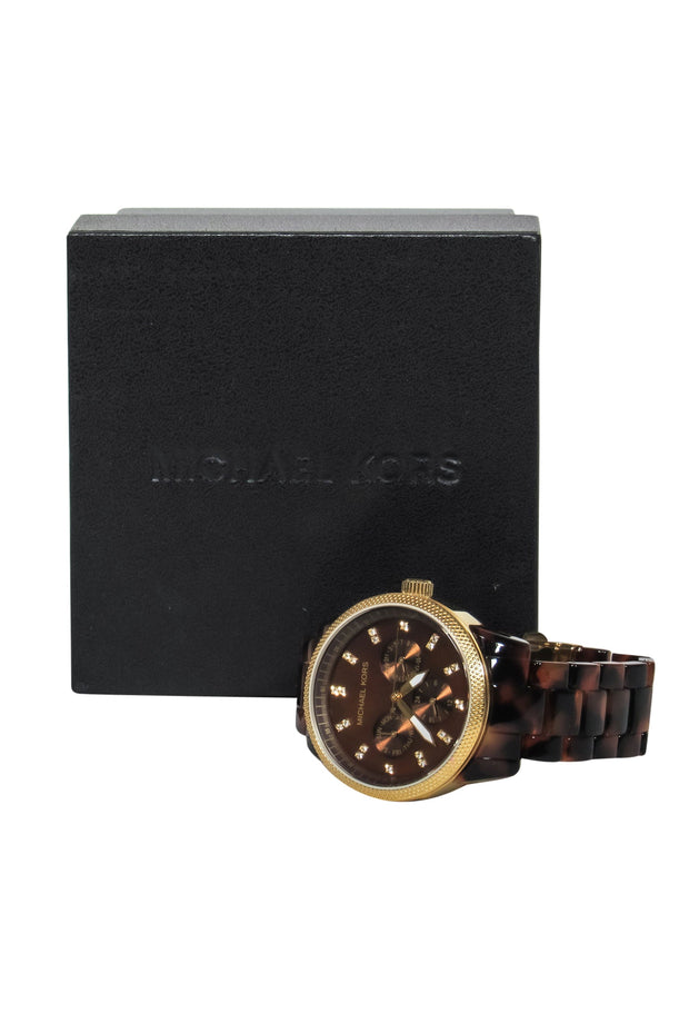 Current Boutique-Michael Kors - Brown Tortoise Shell Lucite Chainlink Watch w/ Jeweled Face