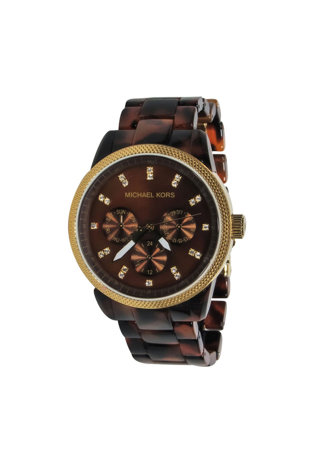 Current Boutique-Michael Kors - Brown Tortoise Shell Lucite Chainlink Watch w/ Jeweled Face