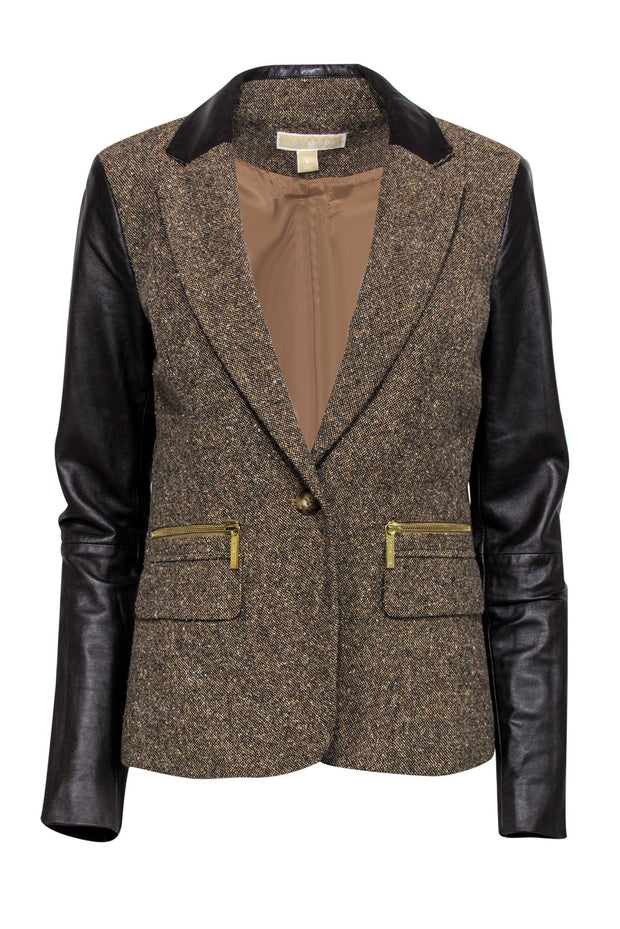 Current Boutique-Michael Kors - Brown Tweed & Leather Single Button Blazer Sz 8