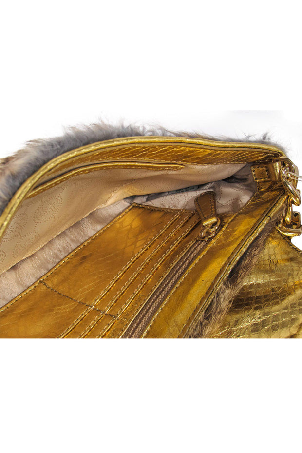 Current Boutique-Michael Kors - Gold Reptile Embossed & Fur "Fulton" Handbag