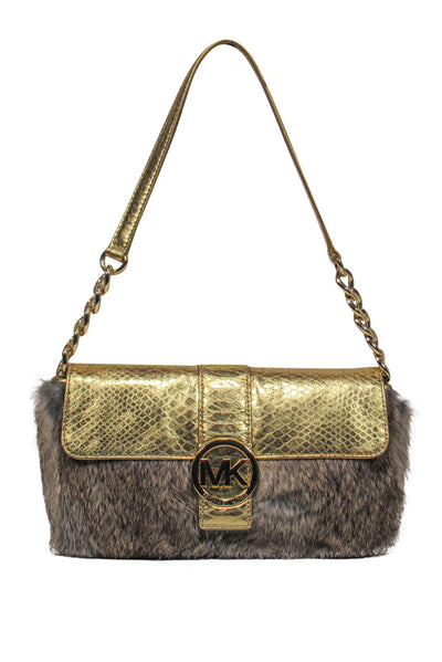 Current Boutique-Michael Kors - Gold Reptile Embossed & Fur "Fulton" Handbag