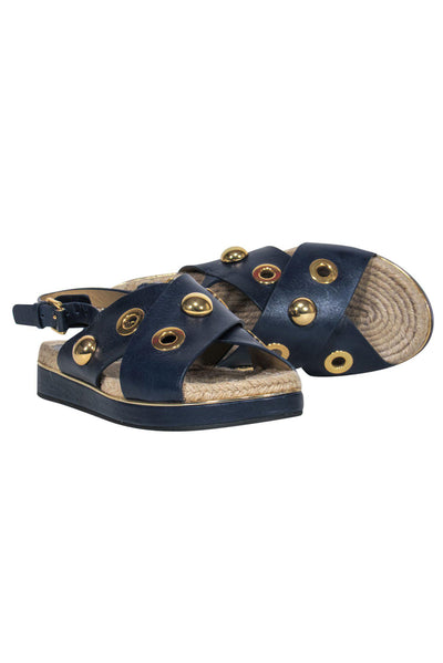 Current Boutique-Michael Kors - Navy Crisscross Strap Gold Studded Espadrille Sandals Sz 8