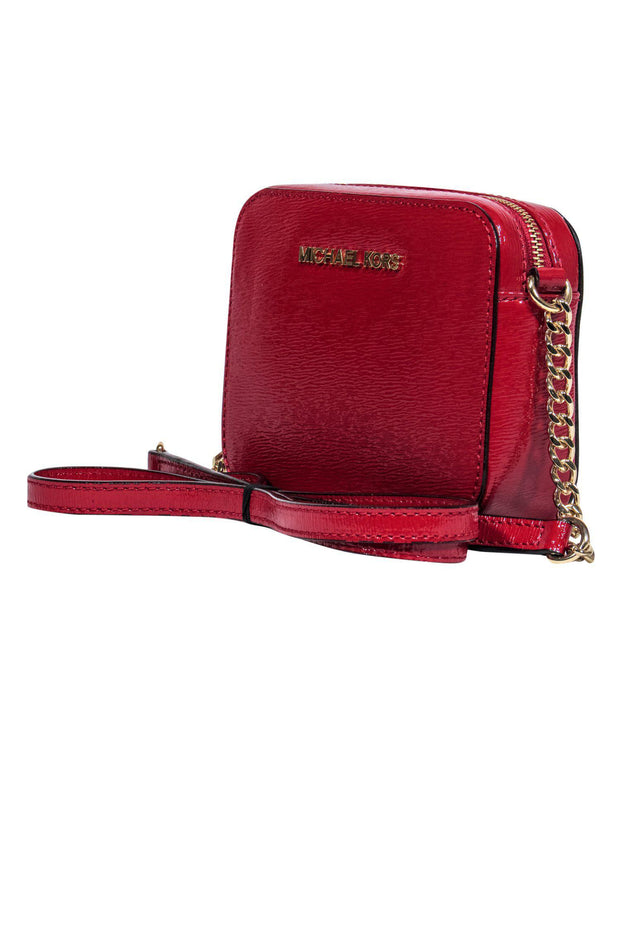 Michael Kors Crossbody Purse Bag Red Pebbled Leather Gold Chain Multi Pocket