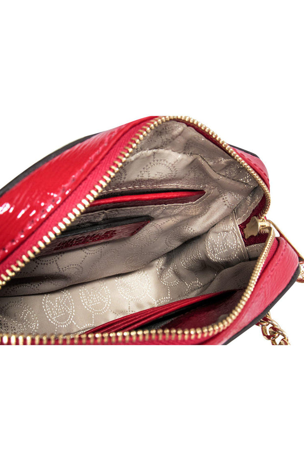 Michael Kors Crossbody Purse Bag Red Pebbled Leather Gold Chain Multi Pocket