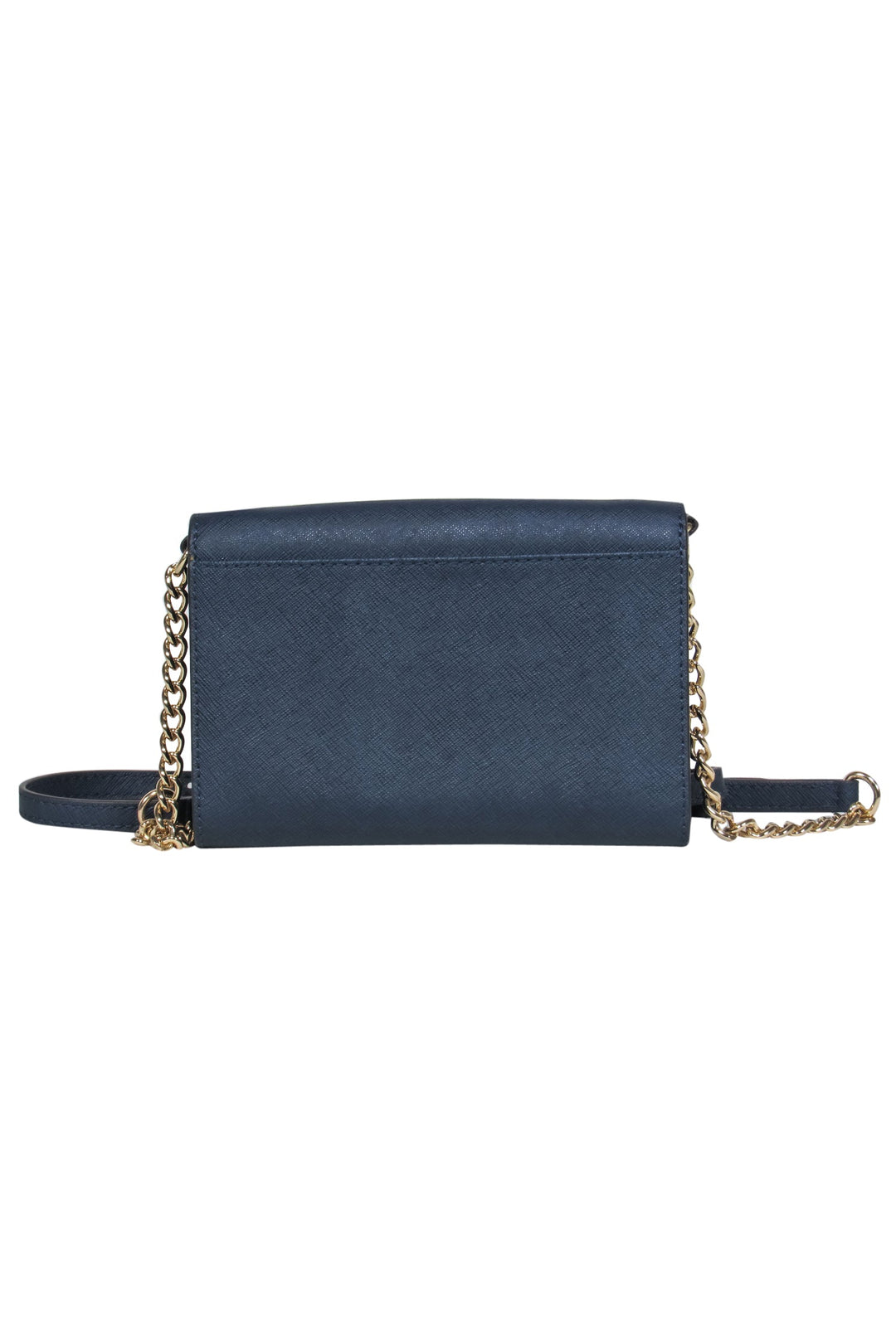 Michael Kors Small Navy Textured Leather Fold Over Gold Chain Wallet Current Boutique