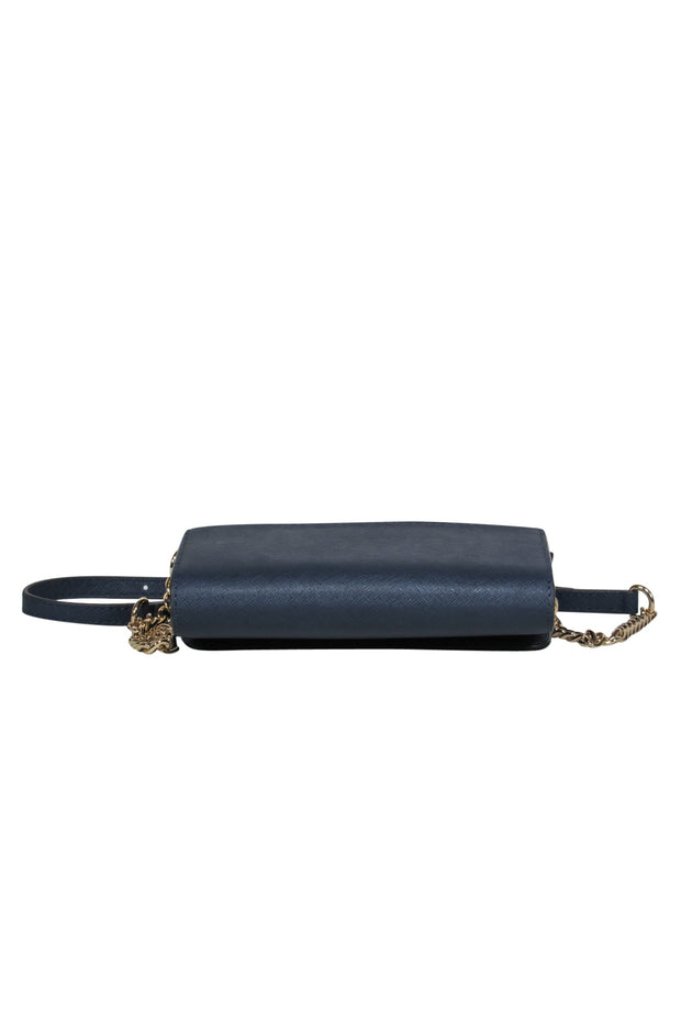 Current Boutique-Michael Kors - Small Navy Textured Leather Fold-Over Gold Chain Wallet Crossbody
