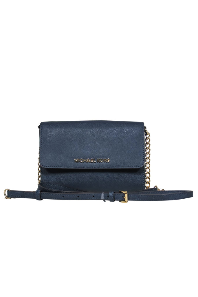 Michael Kors - Small Navy Textured Leather Fold-Over Gold Chain Wallet –  Current Boutique