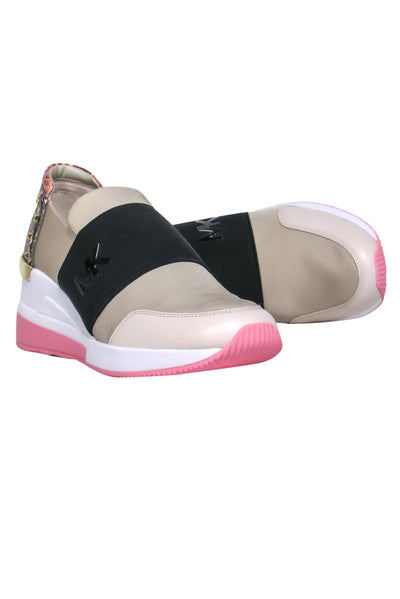 Current Boutique-Michael Michael Kors - Beige, Black, White & Pink Platform Sneakers w/ Snakeskin Print Sz 9.5