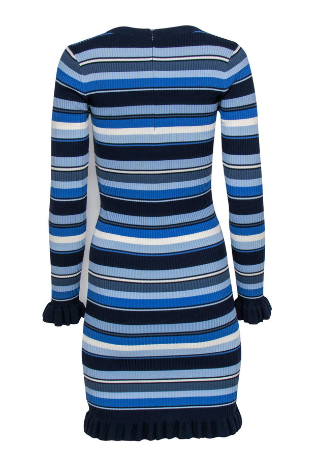 Current Boutique-Michael Michael Kors - Blue Striped Ribbed Knit Bodycon Dress w/ Ruffle Trim Sz XXS