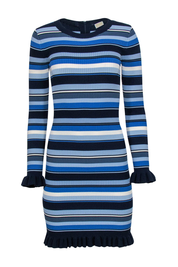 Current Boutique-Michael Michael Kors - Blue Striped Ribbed Knit Bodycon Dress w/ Ruffle Trim Sz XXS