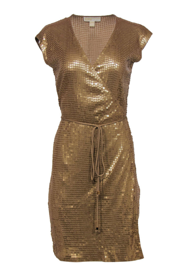 Current Boutique-Michael Michael Kors - Gold Sequin Sleeveless Wrap Dress Sz M