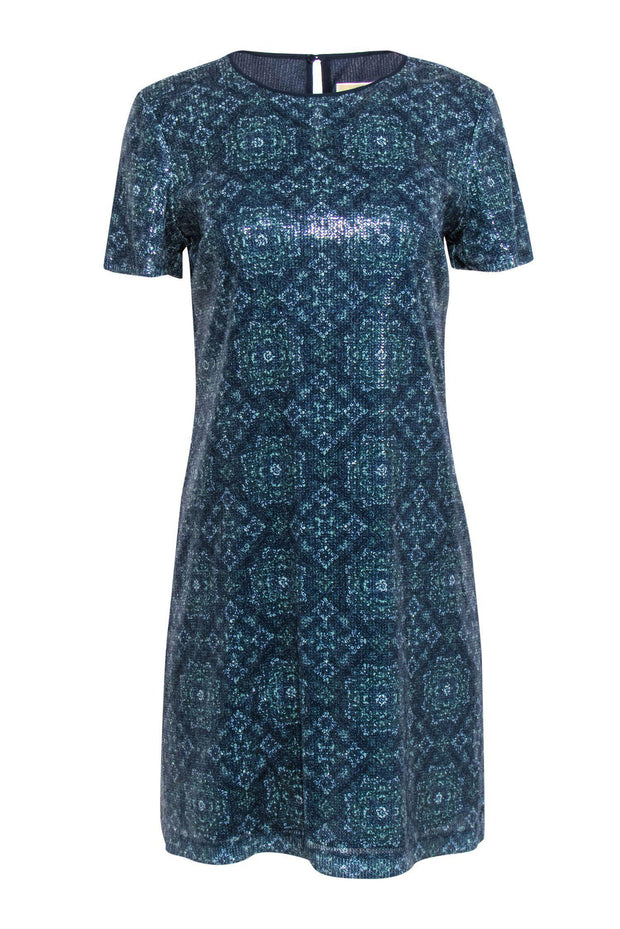 Current Boutique-Michael Michael Kors - Navy & Green Printed Sequin Short Sleeve Shift Dress Sz S