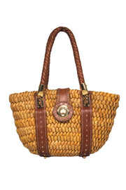Current Boutique-Michael Michael Kors - Tan Woven Straw & Leather Studded Clasped Handbag