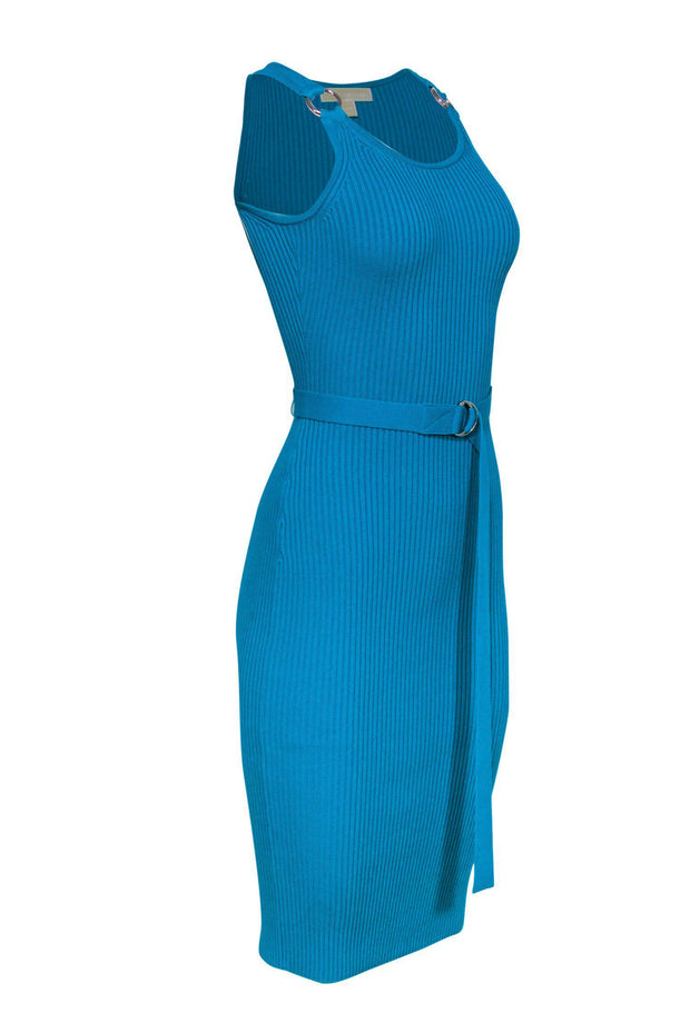 Current Boutique-Michael Michael Kors - Teal Ribbed Knit Sleeveless Belted Midi Dress Sz XXS