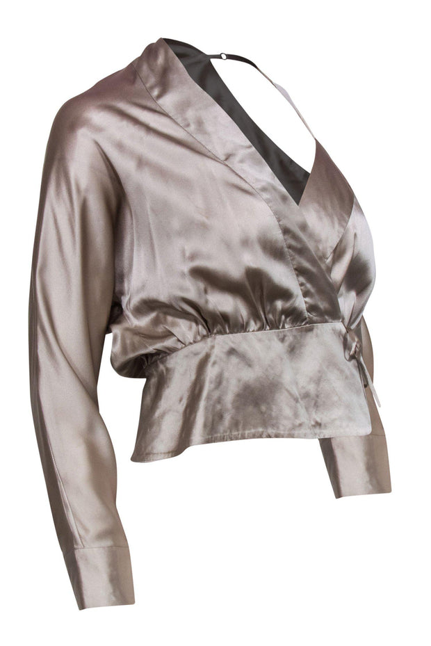 Current Boutique-Michelle Mason - Beige Silk Long Sleeve Blouse w/ Off-the-Shoulder Design Sz 2