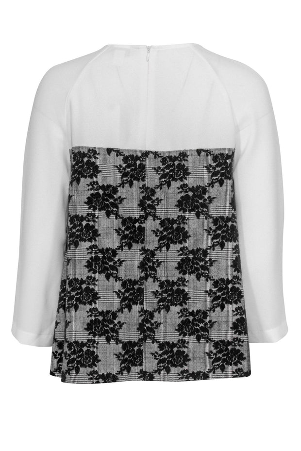 Current Boutique-Mignon Doo for Anthropologie - White Floral Print & Plaid Long Sleeve Blouse w/ Bow Sz M