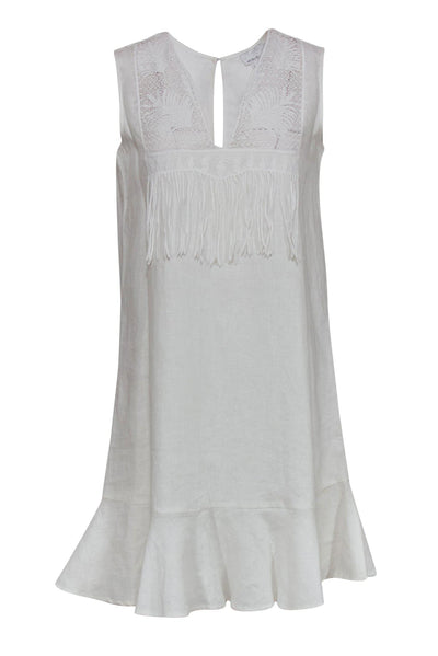 Current Boutique-Miguelina - White Linen Shift Dress w/ Embroidery & Fringe Sz XS