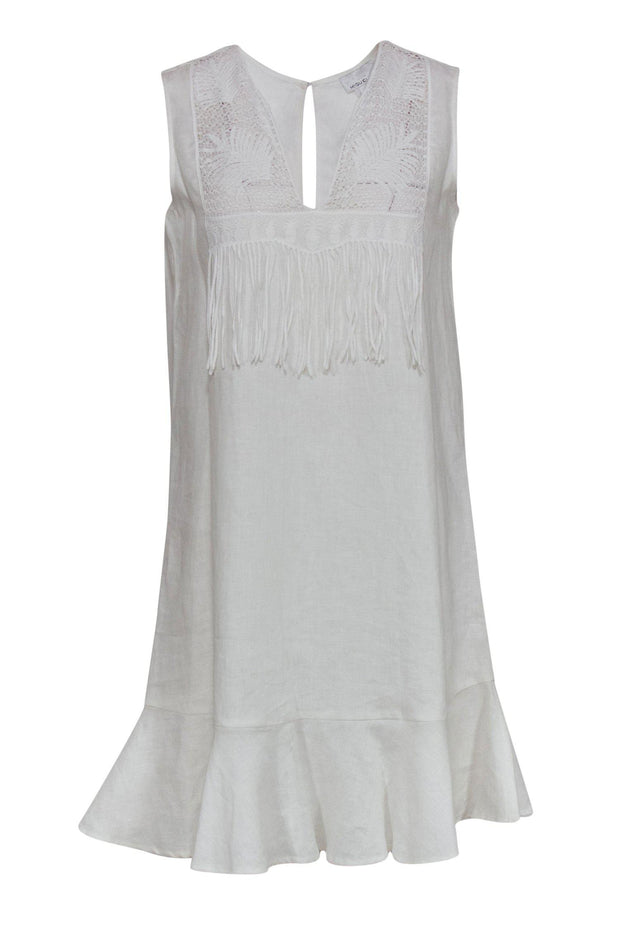 Current Boutique-Miguelina - White Linen Shift Dress w/ Embroidery & Fringe Sz XS
