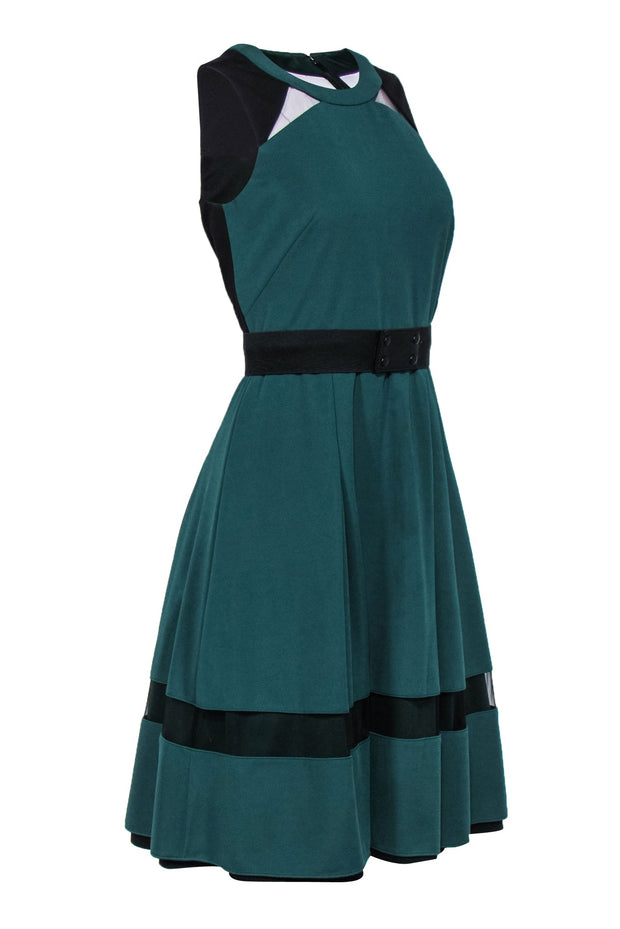 Current Boutique-Mikael Aghal - Emerald Green & Black Mesh A-Line Cocktail Dress Sz 4