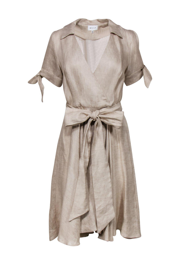 Current Boutique-Milly - Beige Short Sleeve Wrap Midi Dress Sz 8