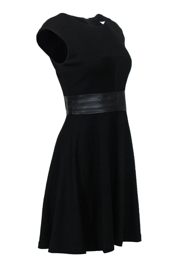 Current Boutique-Milly - Black A-Line Wool Dress w/ Leather Trim Sz 6