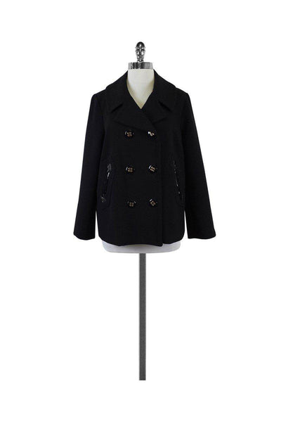 Current Boutique-Milly - Black Double Breasted Leather Trim Coat Sz 10