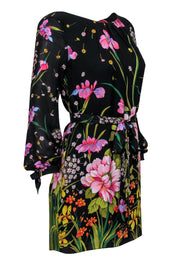 Current Boutique-Milly - Black Floral Print Silk Long Sleeve Belted Shift Dress Sz 2