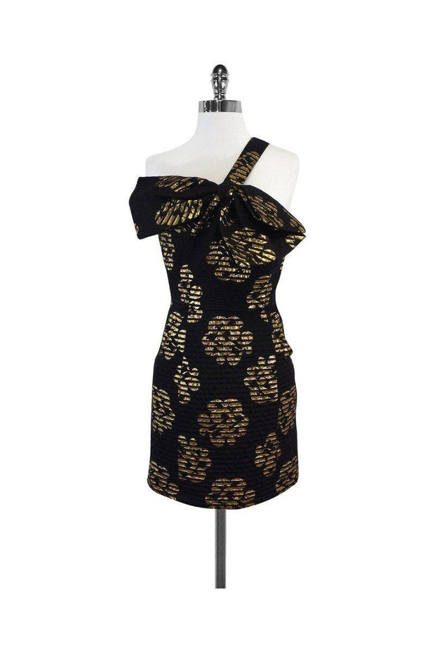 Current Boutique-Milly - Black & Gold Metallic Print One Shoulder Dress Sz 6