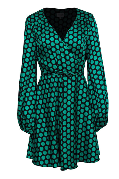 Current Boutique-Milly - Black & Green Polka Dot Long Sleeve Wrap Dress Sz M