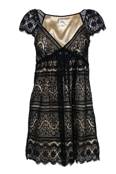 Current Boutique-Milly - Black Lace Cap Sleeve Babydoll Dress w/ Beige Lining Sz 4
