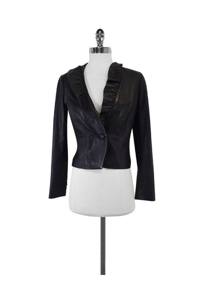 Current Boutique-Milly - Black Leather Blazer w/Ruffle Neckline Sz P