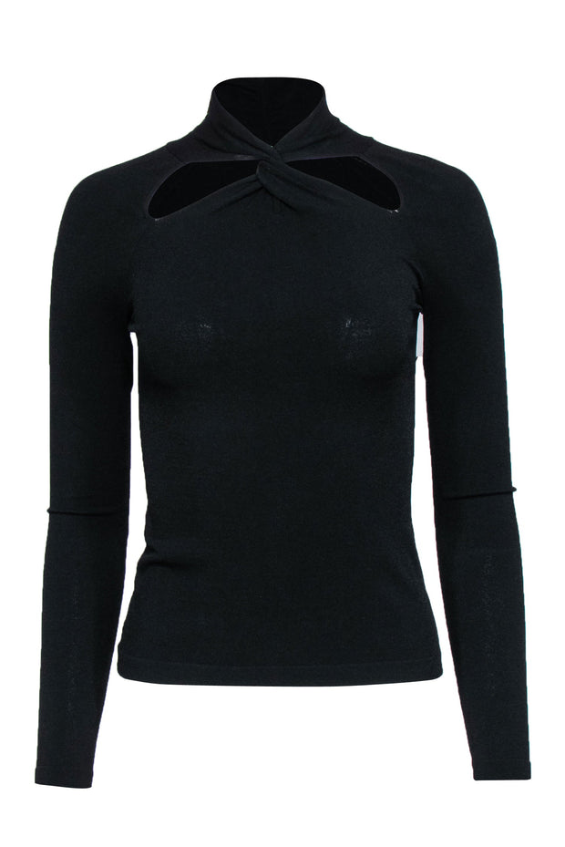 Current Boutique-Milly - Black Long Sleeve Fitted Turtleneck Top w/ Knotted Cutout Sz P