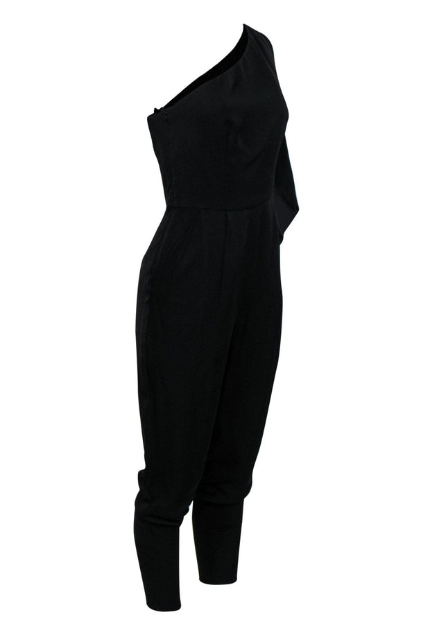 Current Boutique-Milly - Black One Shoulder Skinny Leg Jumpsuit w/ Draped Sleeve Sz 4
