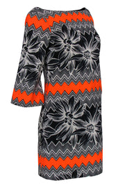 Current Boutique-Milly - Black, Orange & White Chevron & Floral Print Shift Dress Sz 6