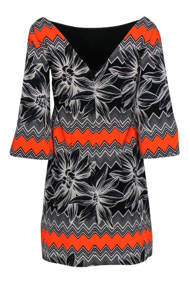 Current Boutique-Milly - Black, Orange & White Chevron & Floral Print Shift Dress Sz 6