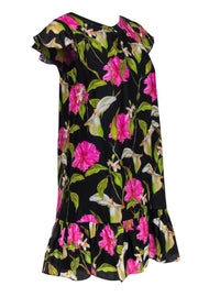 Current Boutique-Milly - Black, Pink & Green Floral Print Cap Sleeve Shift Dress w/ Ruffle Hem Sz S
