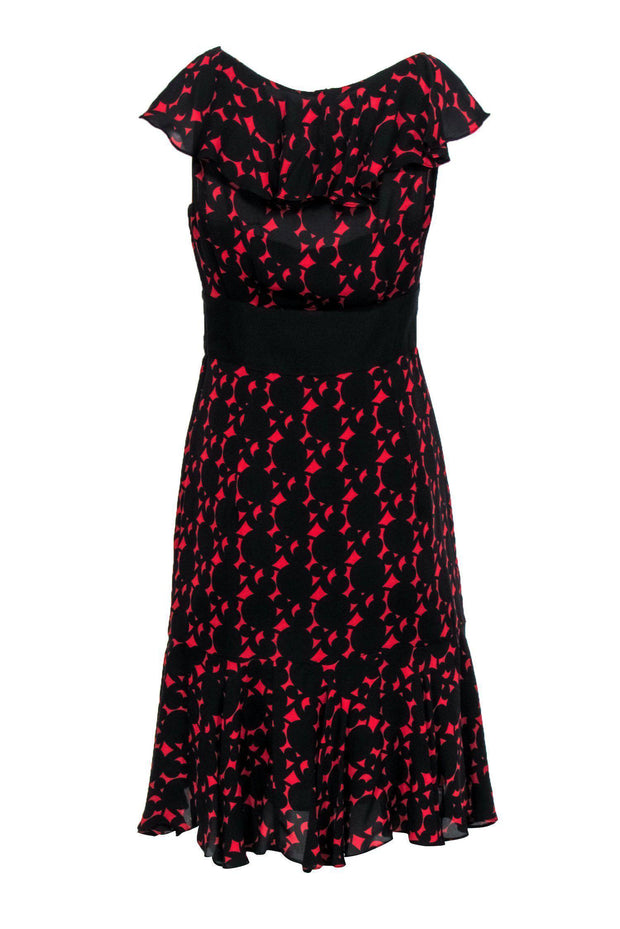 Current Boutique-Milly - Black & Red Pattern Ruffle Sleeveless A-Line Dress Sz 4