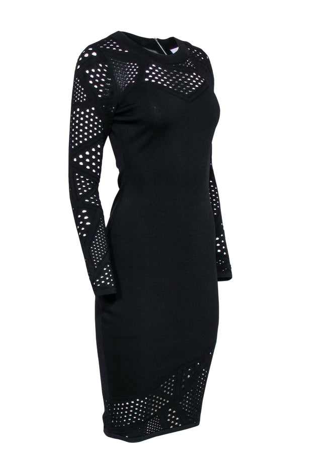Current Boutique-Milly - Black Ribbed Long Sleeve Bodycon Dress w/ Cutouts Sz M