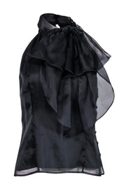 Current Boutique-Milly - Black Silk Overlay Blouse w/ High Neckline & Bow Sz 4