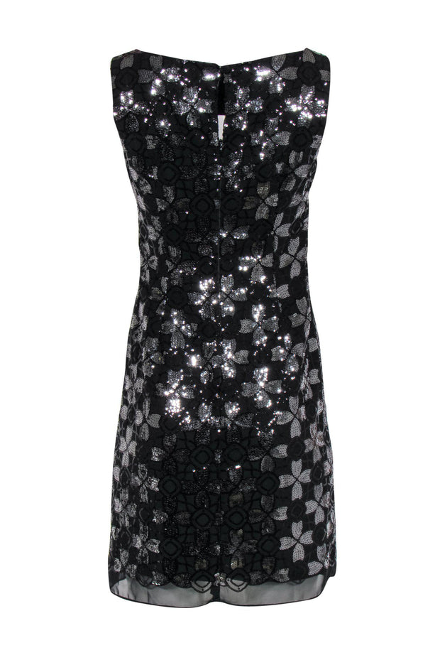 Current Boutique-Milly - Black & Silver Sequin Floral Print Shift Dress Sz 4
