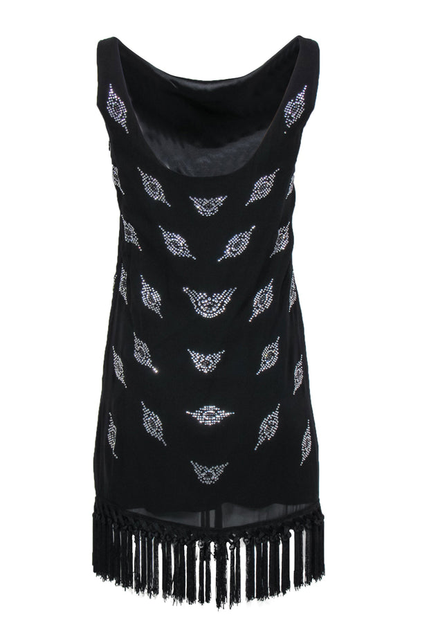 Current Boutique-Milly - Black Sleeveless Silk Shift Dress w/ Rhinestone Design & Fringed Hem Sz 4